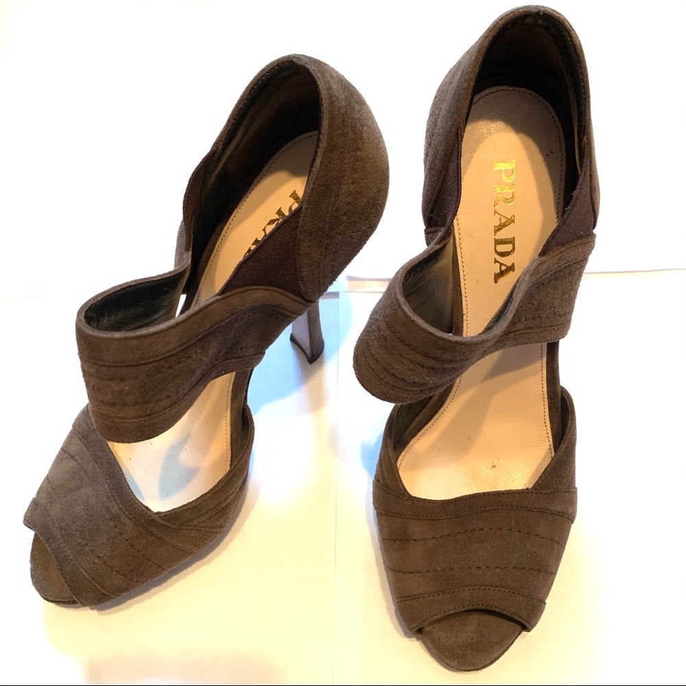 Prada Suede Grey Brown High Peep Heel 37 7 - Picture 3 of 14